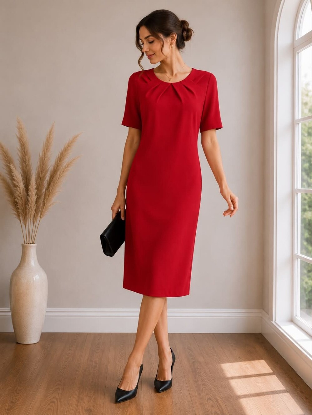 NEW Nanette Lepore Red Midi Dress with Pleated Yoke